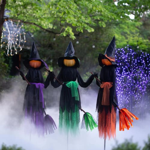 Lighted Witches with Brooms on Stakes - Outdoor Halloween Witch Decoration
