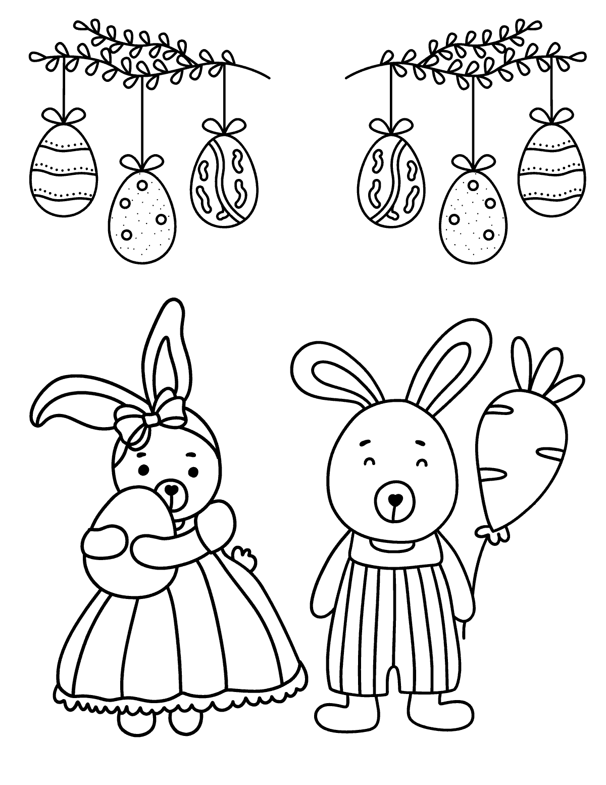2 Bunnies Standing Below Easter Decor Coloring Page