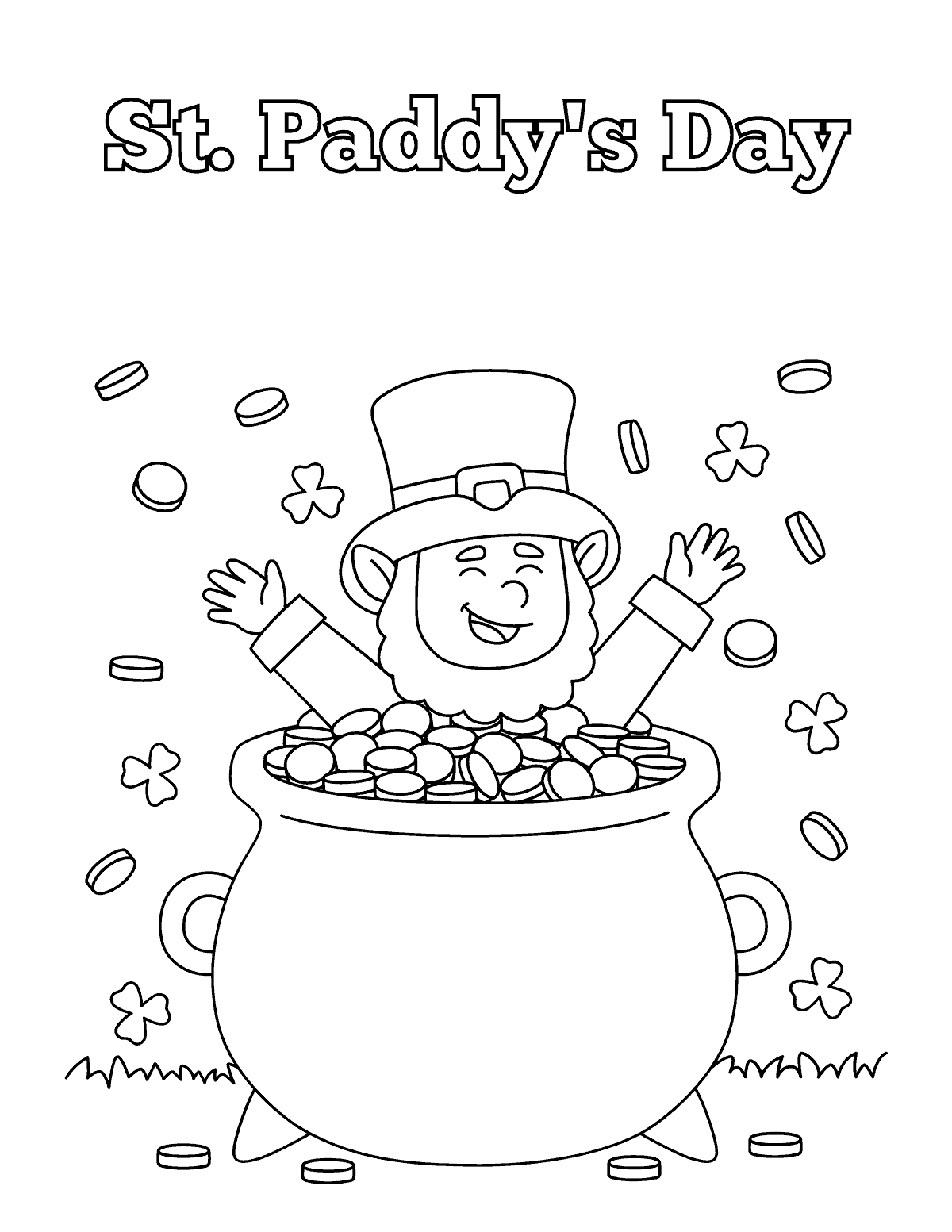 Leprechaun with pot of gold coins Printable Coloring Page