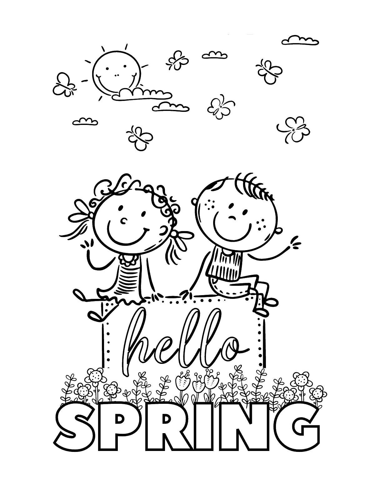 doodle of 2 kids with sign that says "Hello Spring."