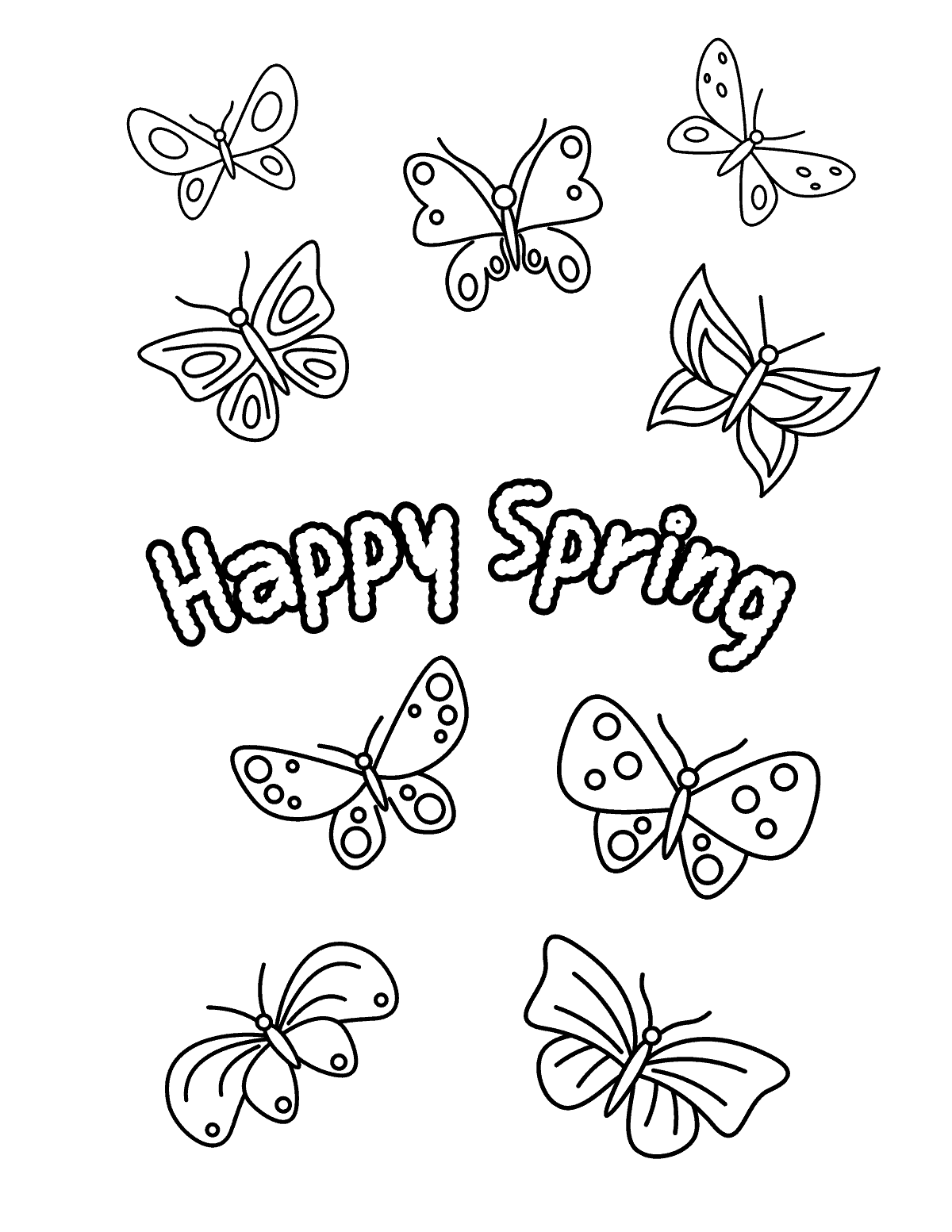 Coloring page with butterflies and the text happy spring
