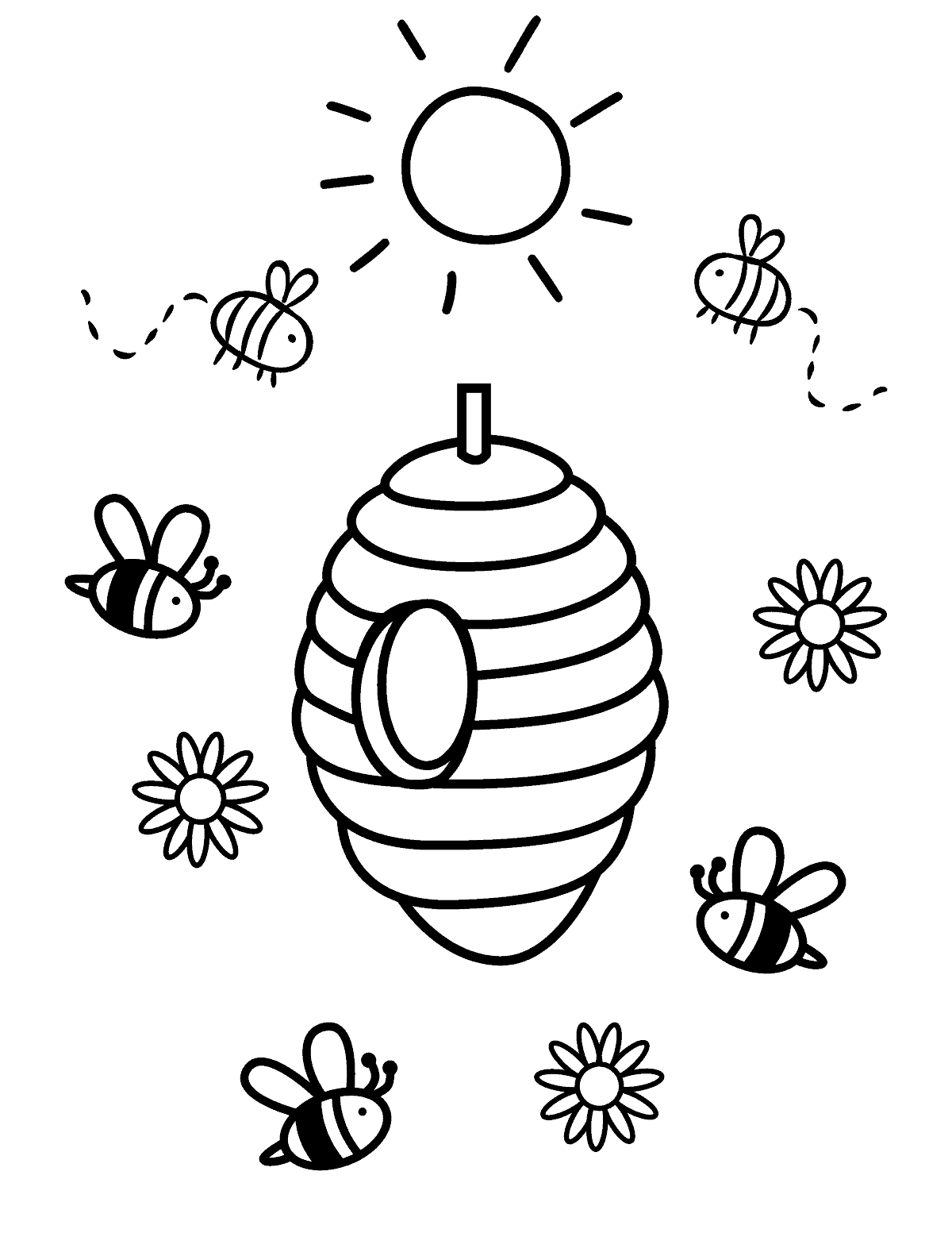 Beehive with Bees and Sun Coloring Page