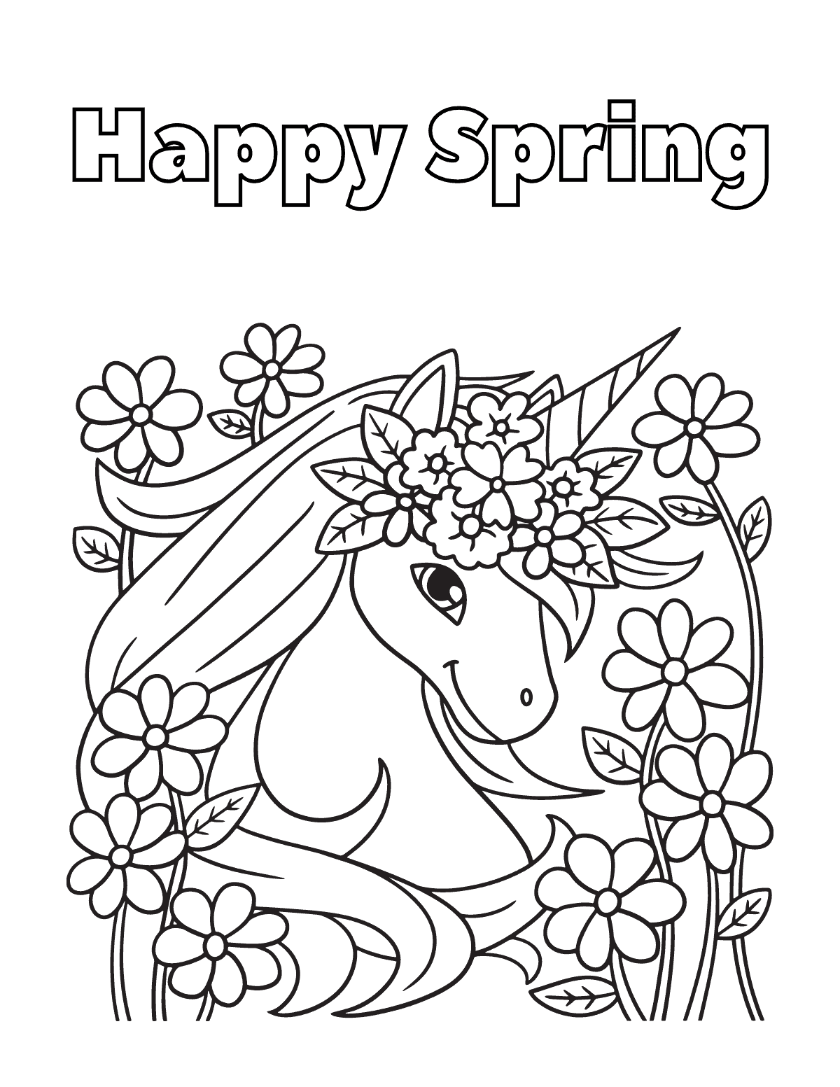 Happy Spring Unicorn Coloring Page