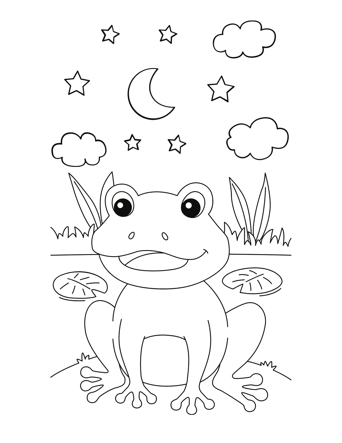 Frog in Pond with Moon and Stars Coloring Page