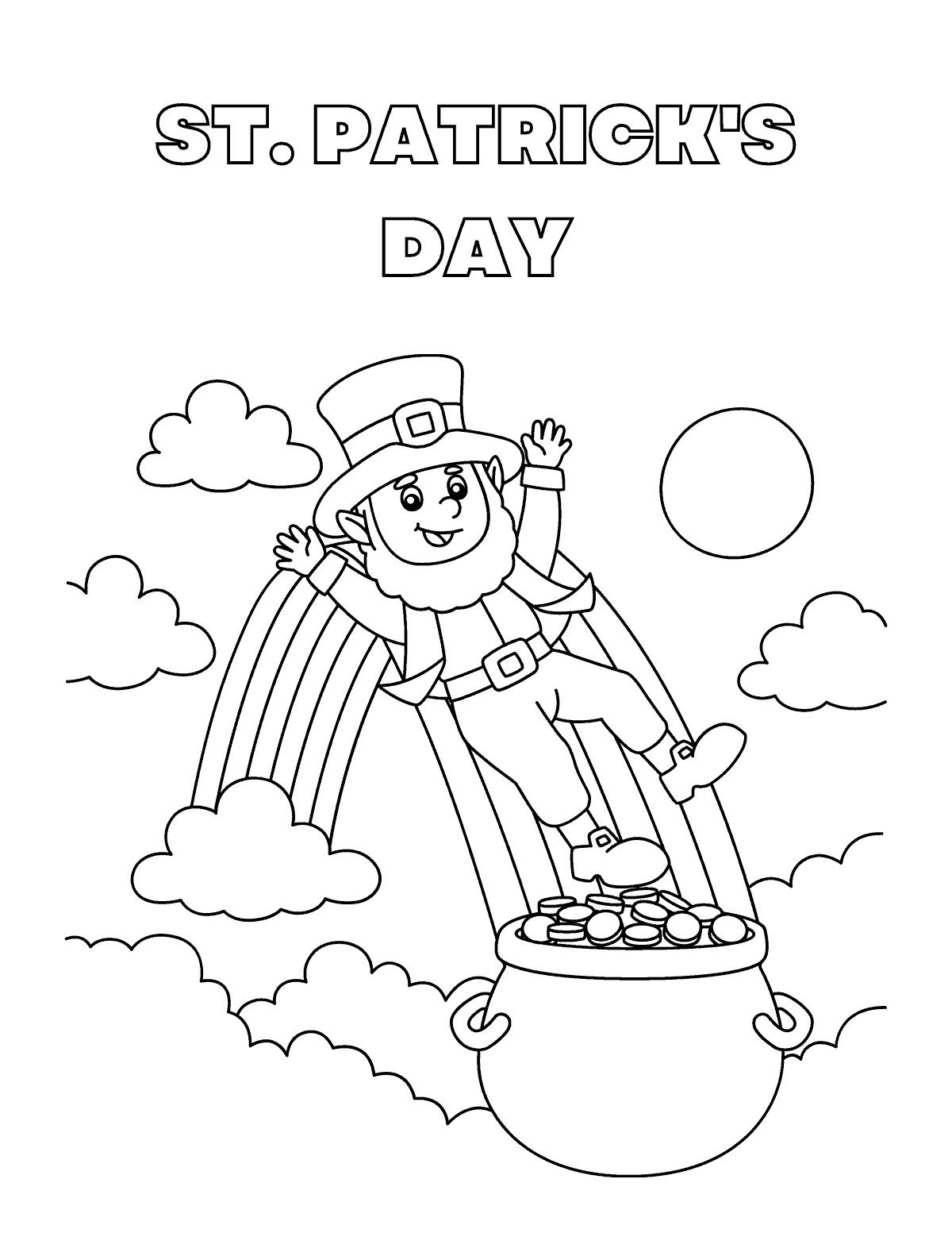 Rainbow, Pot Of Gold and Leprechaun Coloring Page