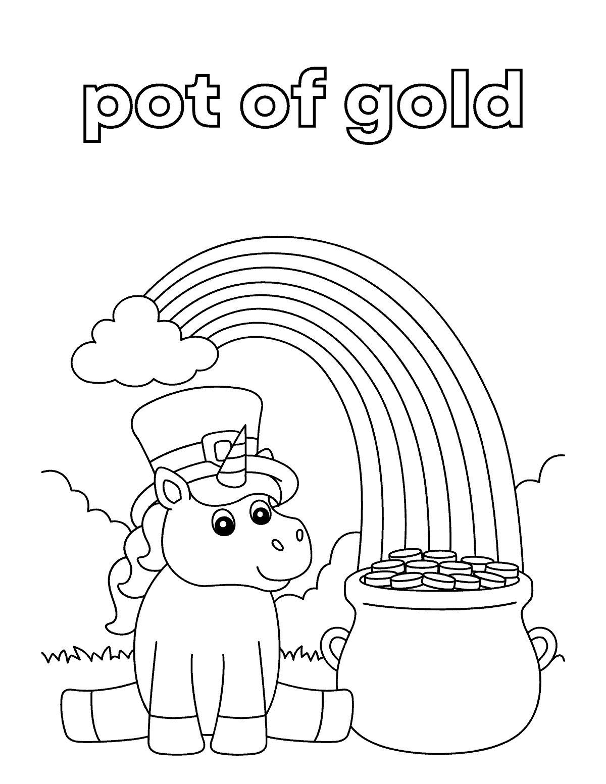 Unicorn with rainbow and pot of gold Coloring Activity for Kids