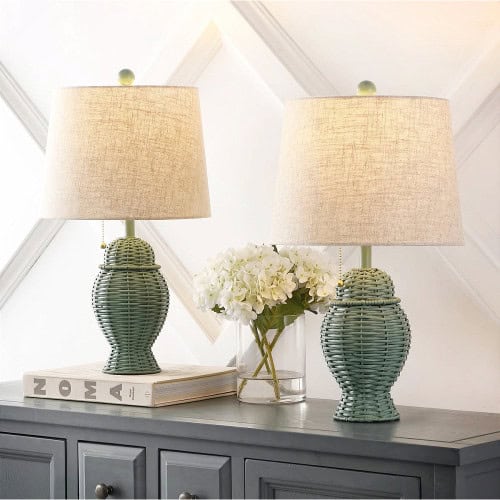nofollow Mint Green Wicker Boho-style Table Lamp